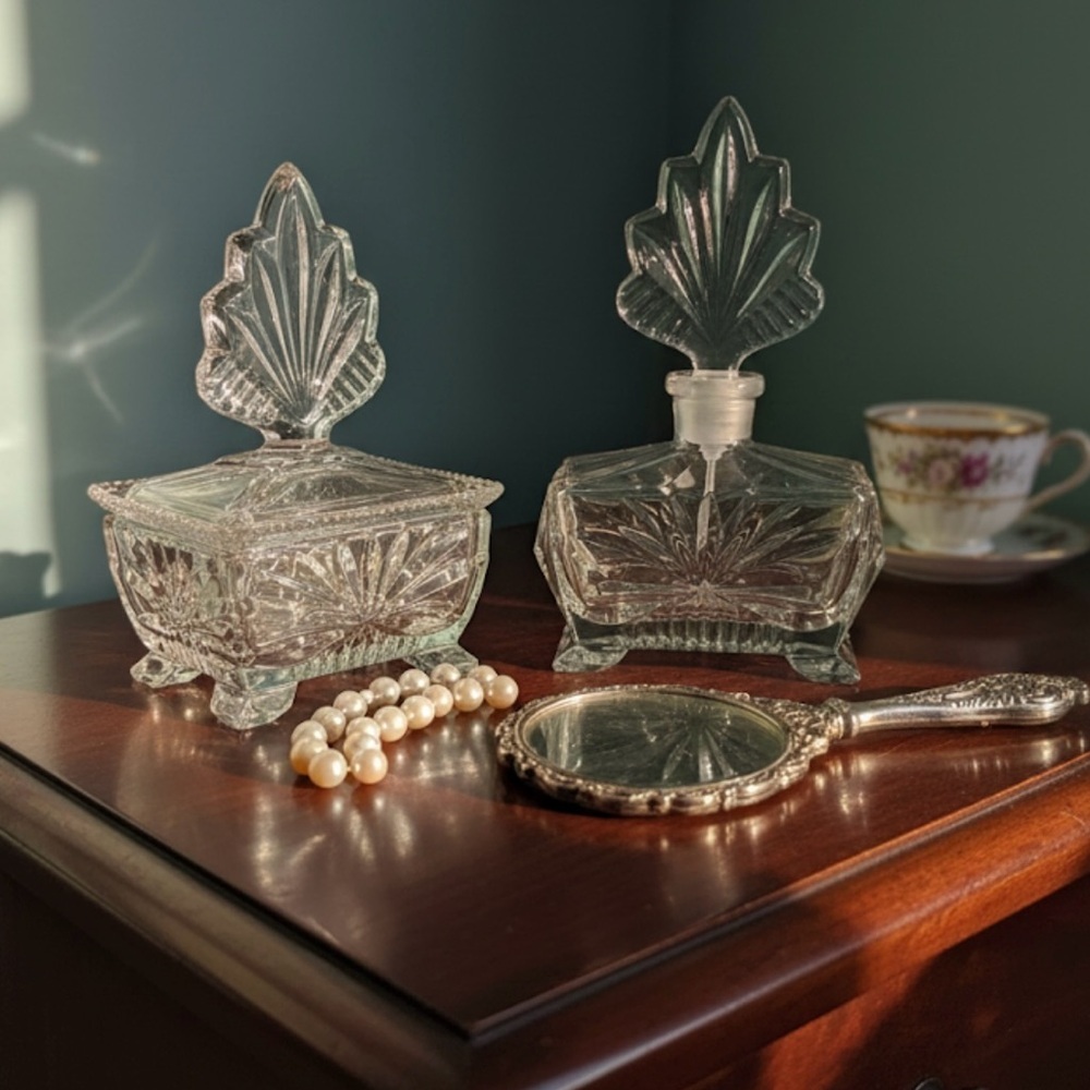 Vintage Clear Pressed Glass Vanity Set